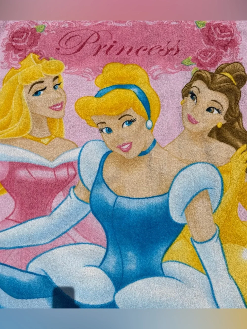 VTG Y2K Disney Princess Pink Fleece Blanket Cinderella Belle Aurora 50x59 GUC